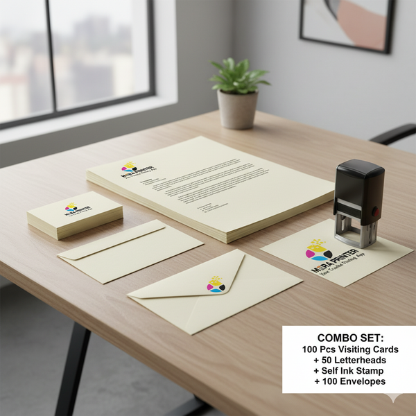 100 Pcs Classic Visiting Card + 100 Letterhead + Self Ink Stamp + 100 Envelope