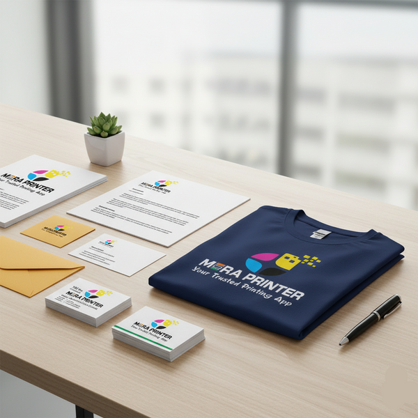 Mera Printers branded items including a t-shirt, letterhead, business cards, and envelope on a table.