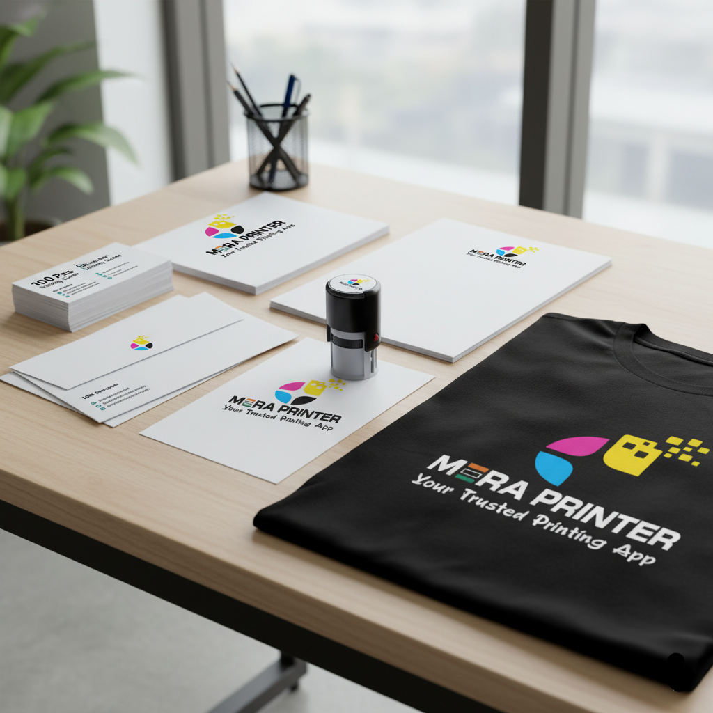 100 Pcs Standard Visiting Card + 50 Letterhead + Self Ink Stamp + Custom Printed T-Shirt + 100 Envelope